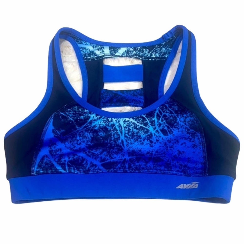 Avia Blue Abstract Design Racerback Sports Bra With Strappy Back Size Small